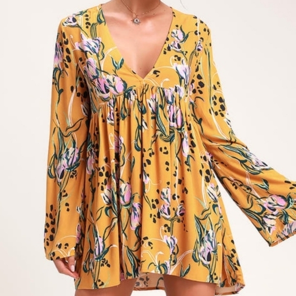 Free People OB815445 Bella Golden Yellow Floral Tunic / Mini Dress Size Small - Picture 4 of 16